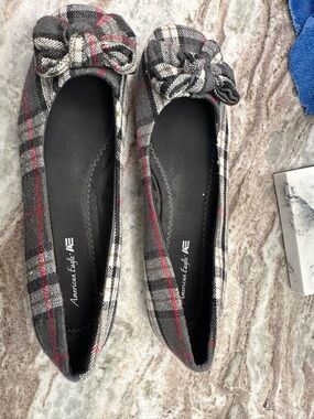 Vintage American Eagle Outfitters Gray Plaid Bow Ballet Flats